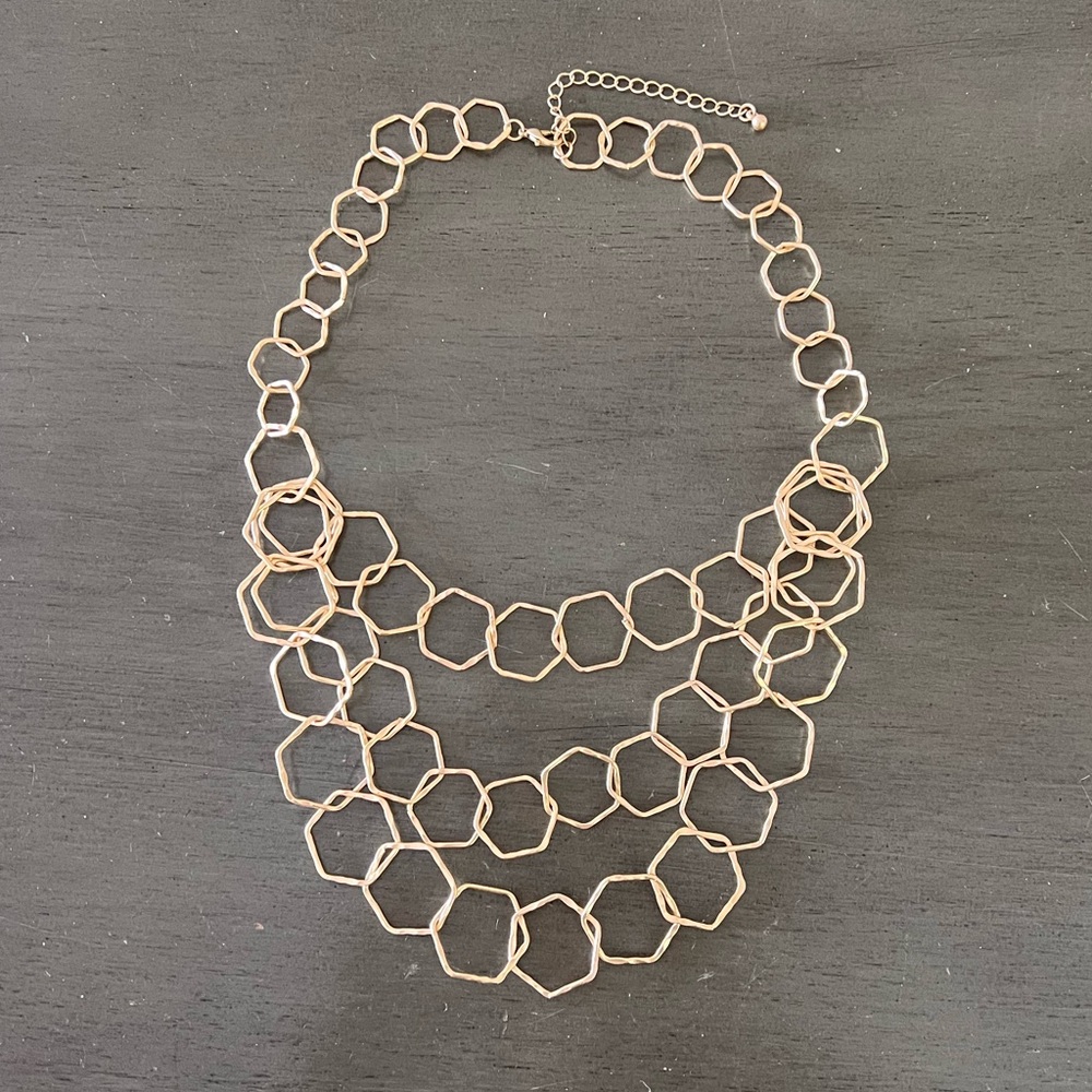 Brushed Gold Three Tier Honeycomb Hexagon Ring Lightweight 18" Y2K Necklace